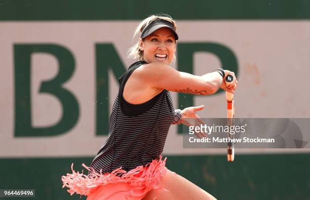 Bethanie Mattek-Sands of The United plays a forehand during her ladies singles second round match against Andrea Perkovic of Germany during day five...