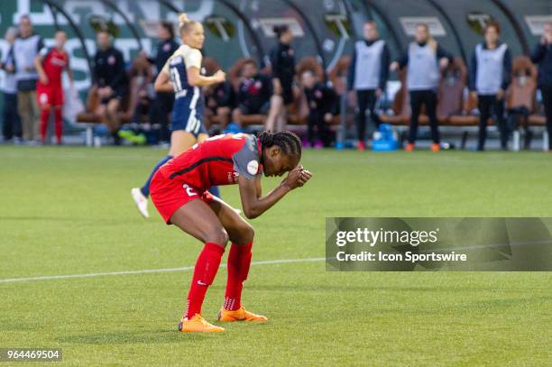 Portland Thorns midfielder Ifeoma Onumonu misses a goal chance during the second half of the North Carolina Courage 4-1 victory over the Portland...