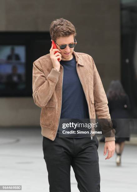 Greg James is all smiles seen at the BBC studios on May 31, 2018 in London, England.