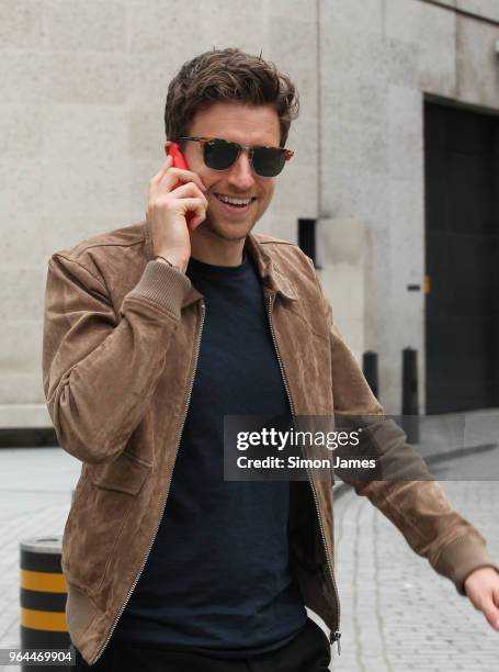 Greg James is all smiles seen at the BBC studios on May 31, 2018 in London, England.