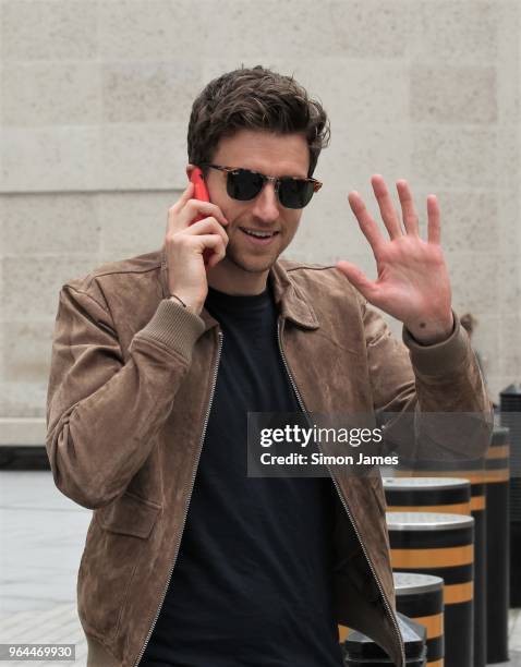 Greg James is all smiles seen at the BBC studios on May 31, 2018 in London, England.