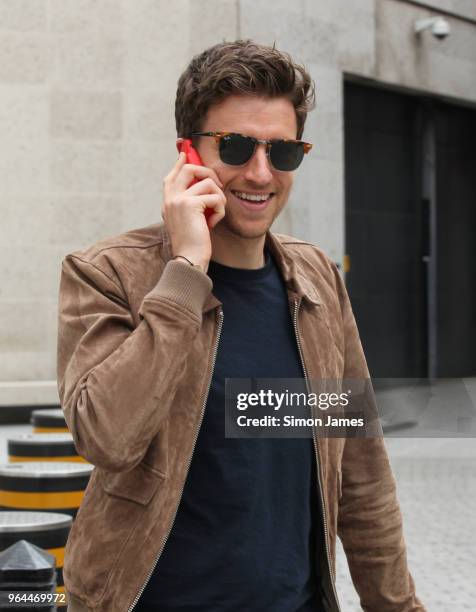 Greg James is all smiles seen at the BBC studios on May 31, 2018 in London, England.