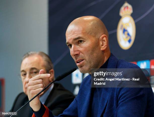 Real Madrid CF president Florentino Perez and Zinedine Zidane attend a press conference to announce his resignation as Real Madrid manager at...