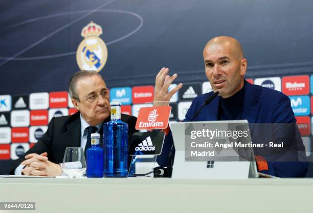 Real Madrid CF president Florentino Perez and Zinedine Zidane attend a press conference to announce his resignation as Real Madrid manager at...