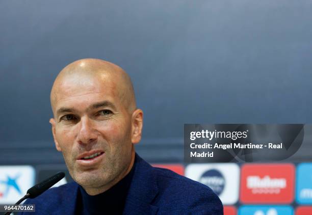 Zinedine Zidane attends a press conference to announce his resignation as Real Madrid manager at Valdebebas Sport City on May 31, 2018 in Madrid,...