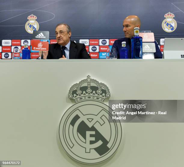 Real Madrid CF president Florentino Perez and Zinedine Zidane attend a press conference to announce his resignation as Real Madrid manager at...