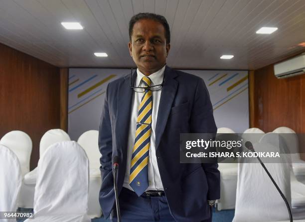 Sri Lanka cricket president Thilanga Sumathipala looks on after a press conference in Colombo on May 31, 2018. - Sri Lanka's cricket chief on May 31...