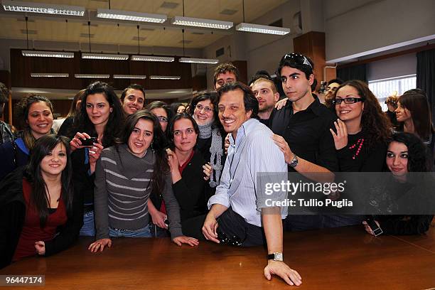 Italian director Gabriele Muccino poses with students of Palermo University during presentation of his latest movie 'Baciami Ancora' on February 5,...