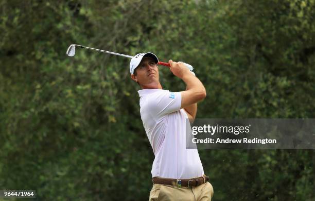 Nicolas Colsaerts of Belgium tees off on the 12th hole during day one of the Italian Open at Gardagolf CC on May 31, 2018 in Brescia, Italy.