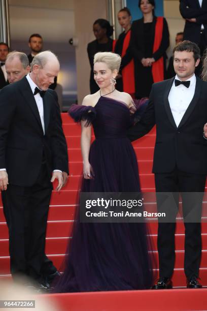 Director Ron Howard, actress Emilia Clarke and actor Alden Ehrenreich attend the screening of "Solo: A Star Wars Story" during the 71st annual Cannes...