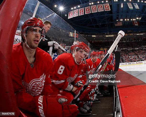 Patrick Eaves and Justin Abdekader of the Detroit Red Wings watch the play from the bench during an NHL game against the Phoenix Coyotes at Joe Louis...