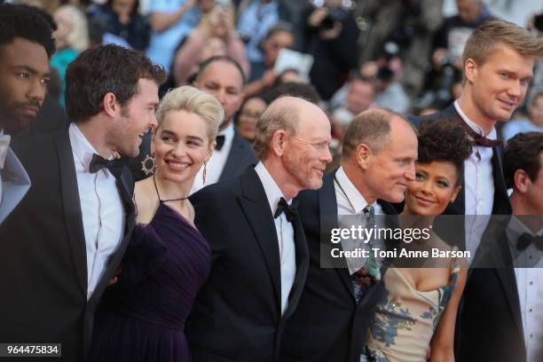 Actor Alden Ehrenreich, actress Emilia Clarke, director Ron Howard, actor Woody Harrelson, actress Thandie Newton, actor Joonas Suotamo attend the...