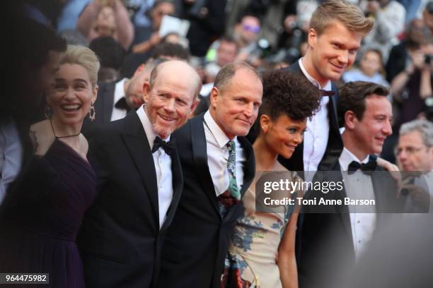 Actor Alden Ehrenreich, actress Emilia Clarke, director Ron Howard, actor Woody Harrelson, actress Thandie Newton, actor Joonas Suotamo attend the...