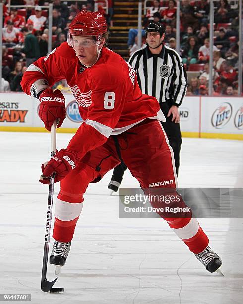 Justin Abdelkader of the Detroit Red Wings skates with the puck during an NHL game against the Phoenix Coyotes at Joe Louis Arena on January 26, 2010...