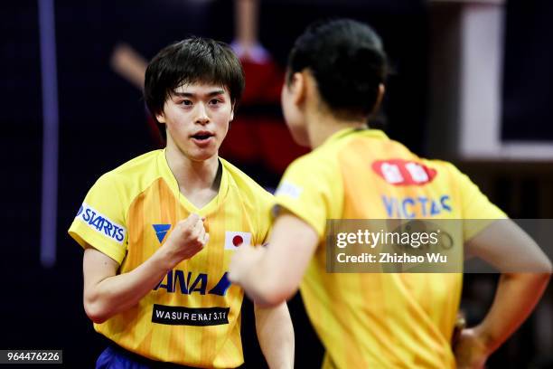 Morizono Masataka and Ito Mina in action at the mixed doubles match compete with Filus Ruwen and Han Ying of Germany during the 2018 ITTF World Tour...