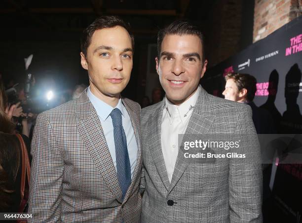 Jim Parsons and Zachary Quinto pose at the opening night 50th year celebration after party for the classic play revival of "The Boys In The Band" on...