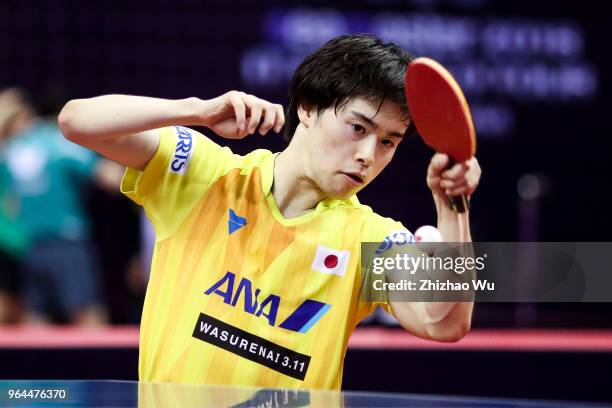 Morizono Masataka in action at the mixed doubles match compete with Filus Ruwen and Han Ying of Germany during the 2018 ITTF World Tour China Open on...