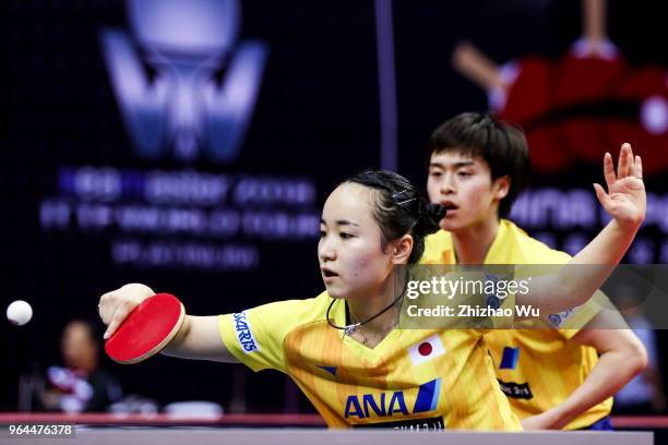 Morizono Masataka and Ito Mina in action at the mixed doubles match compete with Filus Ruwen and Han Ying of Germany during the 2018 ITTF World Tour...