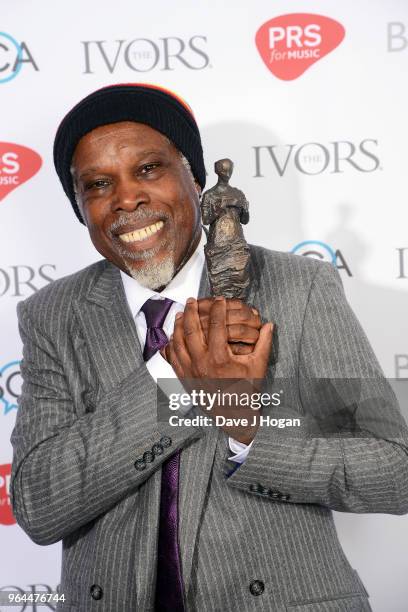 Billy Ocean with the International Achievement award, poses in the winner's room during the Ivor Novello Awards 2018 at Grosvenor House, on May 31,...