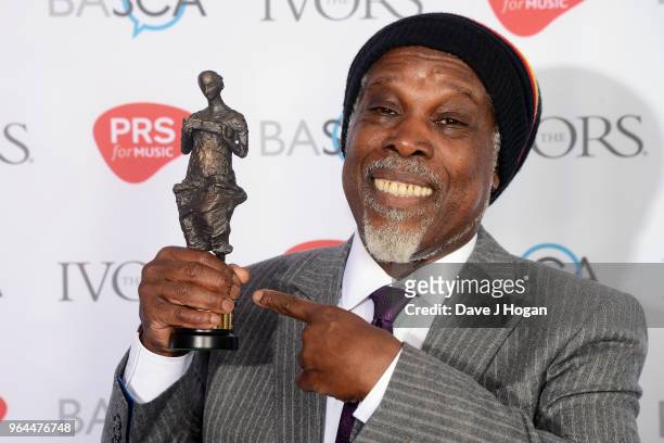 Billy Ocean with the International Achievement award, poses in the winner's room during the Ivor Novello Awards 2018 at Grosvenor House, on May 31,...