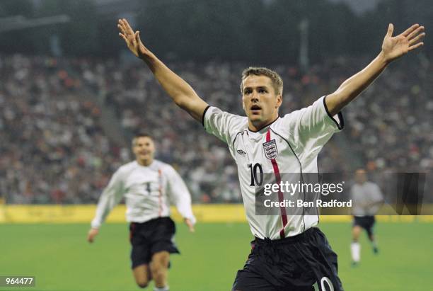 Michael Owen of England celebrates scoring a goal during the FIFA 2002 World Cup Qualifier against Germany played at the Olympic Stadium in Munich,...