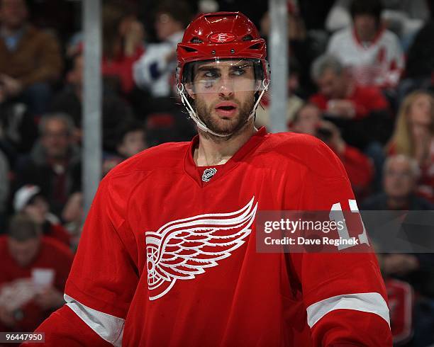 Patrick Eaves of the Detroit Red Wings looks down the ice before the face-off during a NHL game against the Chicago Blackhawks at Joe Louis Arena on...