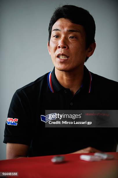 Kazuhiko Yamano of Japan and Repsol Honda Team speaks during the final day of the MotoGP test at Sepang International Circuit, near Kuala Lumpur,...