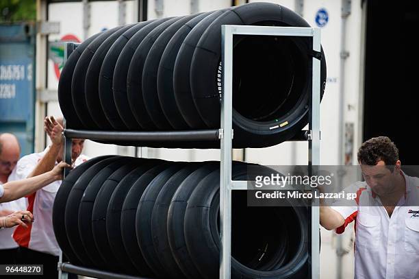 Bridgestone's staff prepare the tyres at the final day of the MotoGP test at Sepang International Circuit, near Kuala Lumpur, Malaysia on February 5,...