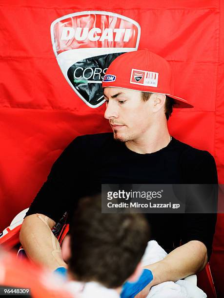 Nicky Hayden of USA and Ducati Marlboro Team looks on during the final day of the MotoGP test at Sepang International Circuit, near Kuala Lumpur,...