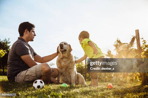 happy boy and father with dog - dexters stock pictures, royalty-free photos & images