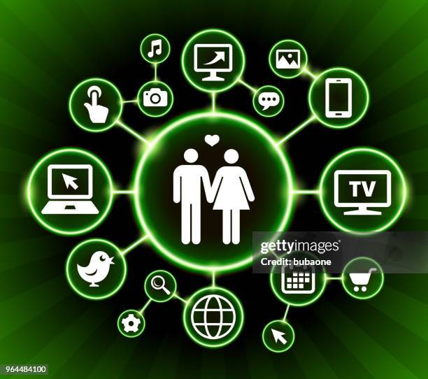 couple internet communication technology dark buttons background - couple using computer stock illustrations