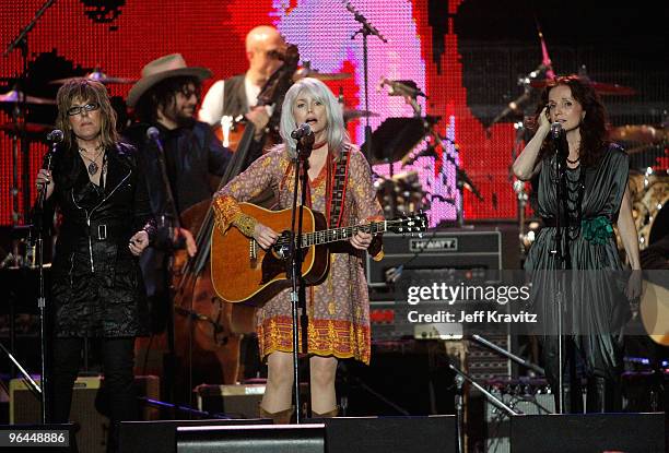 Musicians Lucinda Williams, Emmylou Harris and Patty Griffin perform at 2010 MusiCares Person Of The Year Tribute To Neil Young at the Los Angeles...