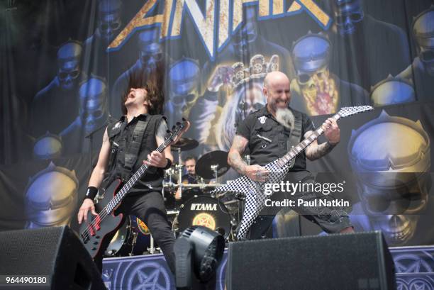 Frankie Bello and Scott Ian of Anthrax at the Hollywood Casino Ampitheater in Tinley Park, Illinois, May 25, 2018.
