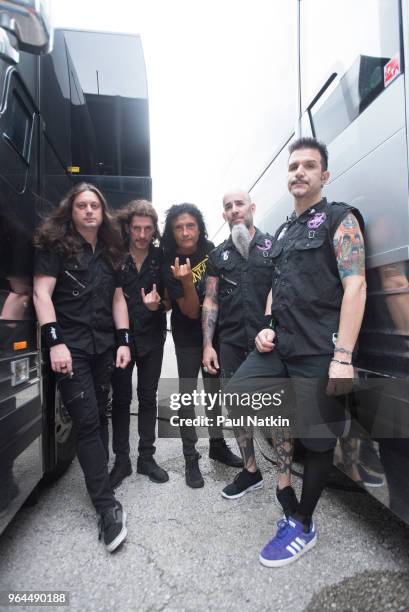 Portrait of the band Anthrax, left to right, Jonathan Donais, Frankie Bello, Joey Belladonna, Scott Ian and Charlie Benante at the Hollywood Casino...