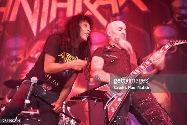 Joey Belladonna and Scott Ian of Anthrax at the Hollywood Casino Ampitheater in Tinley Park, Illinois, May 25, 2018.