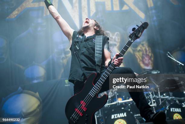 Frankie Bello of Anthrax at the Hollywood Casino Ampitheater in Tinley Park, Illinois, May 25, 2018.