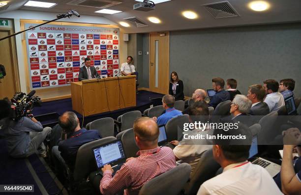 New Sunderland manager Jack Ross takes questions at his press conference at the Academy of Light during his first day at work on May 31, 2018 in...