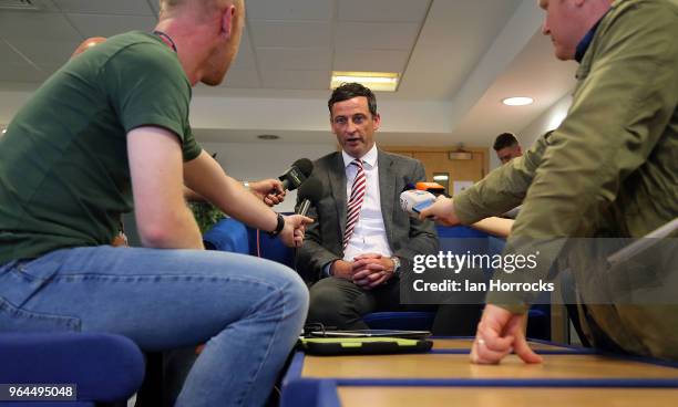 New Sunderland manager Jack Ross takes questions at his press conference at the Academy of Light during his first day at work on May 31, 2018 in...