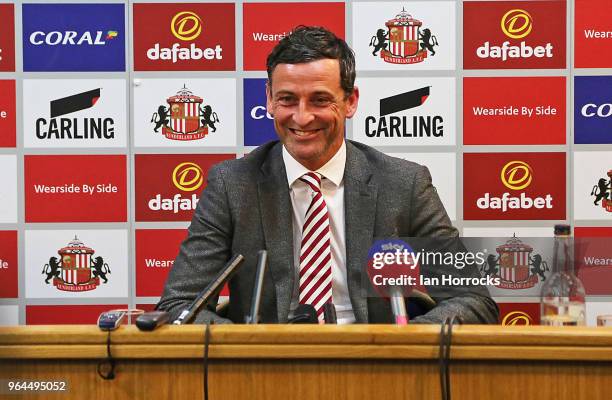 New Sunderland manager Jack Ross takes questions at his press conference at the Academy of Light during his first day at work on May 31, 2018 in...