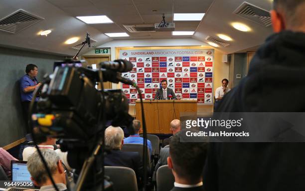 New Sunderland manager Jack Ross takes questions at his press conference at the Academy of Light during his first day at work on May 31, 2018 in...