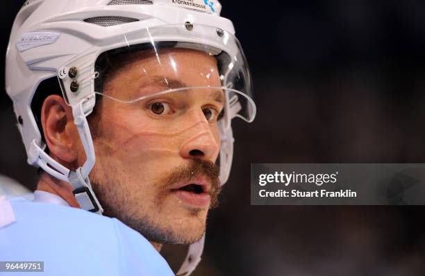 John Tripp of Hamburg looks on during the DEL match between Hamburg Freezers and Frankfurt Lions at the Color Line Arena on February 5, 2010 in...