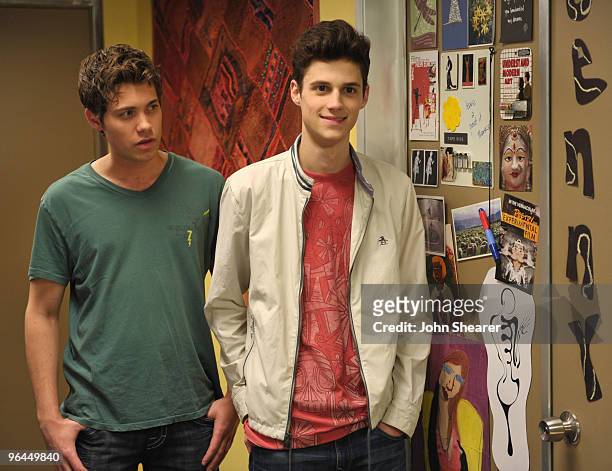 Actors Drew Seeley and Ken Baumann on the set of the Jed Foundation's PSA shoot at New Deal Studios on February 4, 2010 in Los Angeles, California.