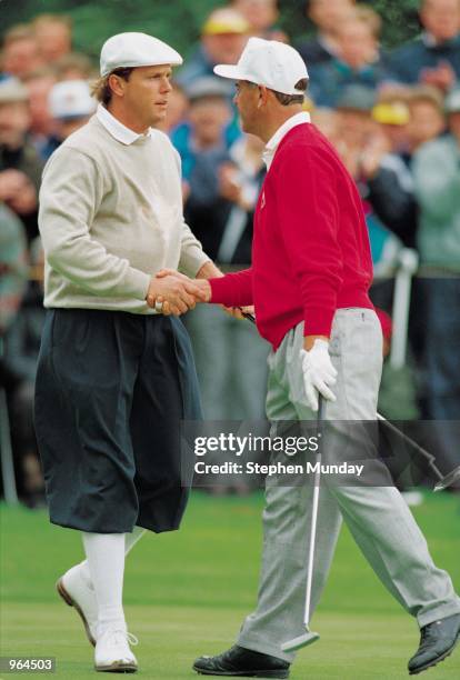 Payne Stewart of the USA team beats European Mark James during the Ryder Cup at the Belfry in Sutton Coldfield in England. \ Mandatory Credit:...