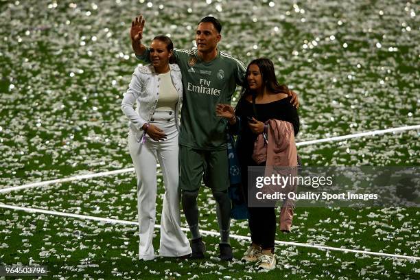 Keylor Navas of Real Madrid, his wife Andrea Salas and their daughter Daniela Navas Salas during Real Madrid team celebration at Santiago Bernabeu...