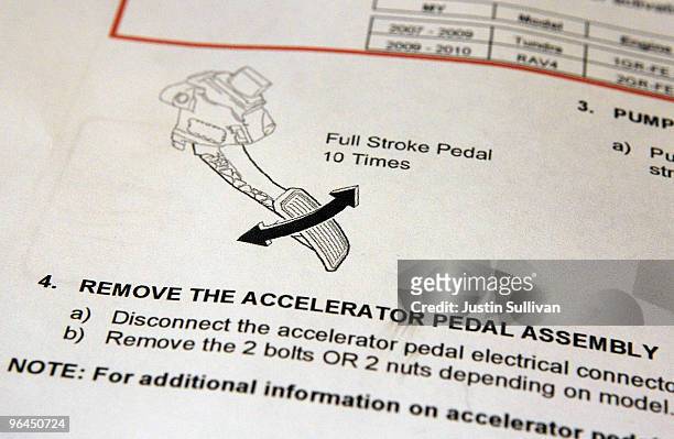 Diagram shows how to repair recalled accelerator pedals at City Toyota February 5, 2010 in Daly City, California. Toyota Motor Corp. President Akio...