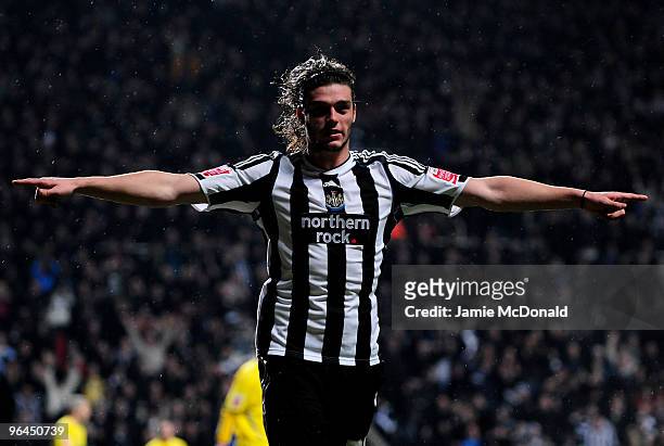 Andy Carroll of Newcastle United celebrates his goal during the Coca Cola Championship game between Newcastle United and Cardiff City at St James'...