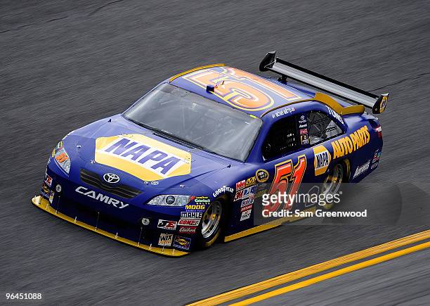 Michael Waltrip drives the NAPA Auto Parts Toyota during practice for the NASCAR Sprint Cup Series Daytona 500 at Daytona International Speedway on...