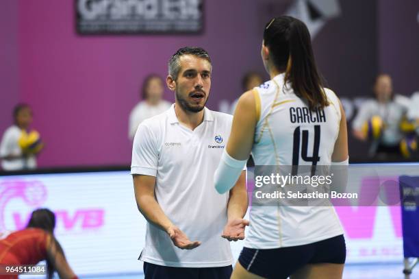 Felix Andre headcoach of France and Clemence Garcia Carriere of France during the Women's European Golden League match between France and Hungary on...