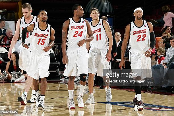 Lance Allred, Lance Hardle, Emmanuel Jones, Roberto Bergersen and Mildon Ambres of the Idaho Stampede walk on the court during the D-League game...