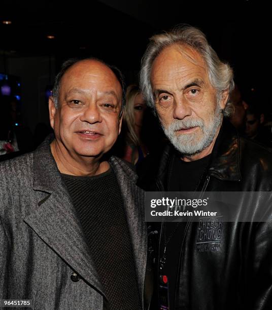 Comedians Cheech Marin and Tommy Chong pose backstage at Help Haiti with George Lopez & Friends at L.A. Live's Nokia Theater on February 4, 2010 in...